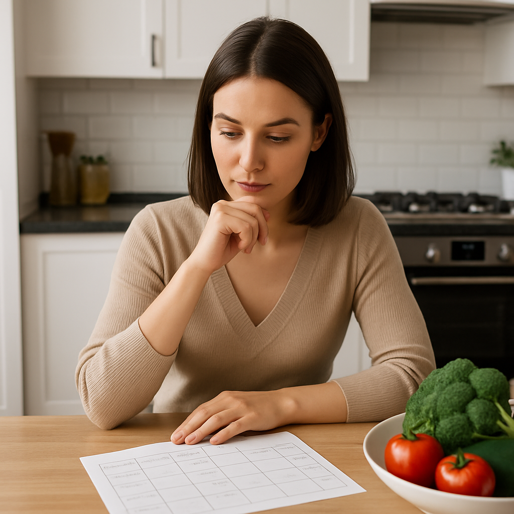 Mulher revisando um cardápio semanal na cozinha, com uma expressão de concentração e planejamento.