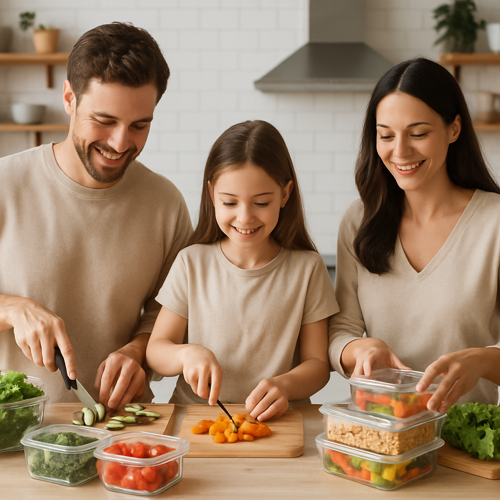 Uma família preparando refeições juntas na cozinha, sorrindo enquanto cortam vegetais e organizam potes de armazenamento.