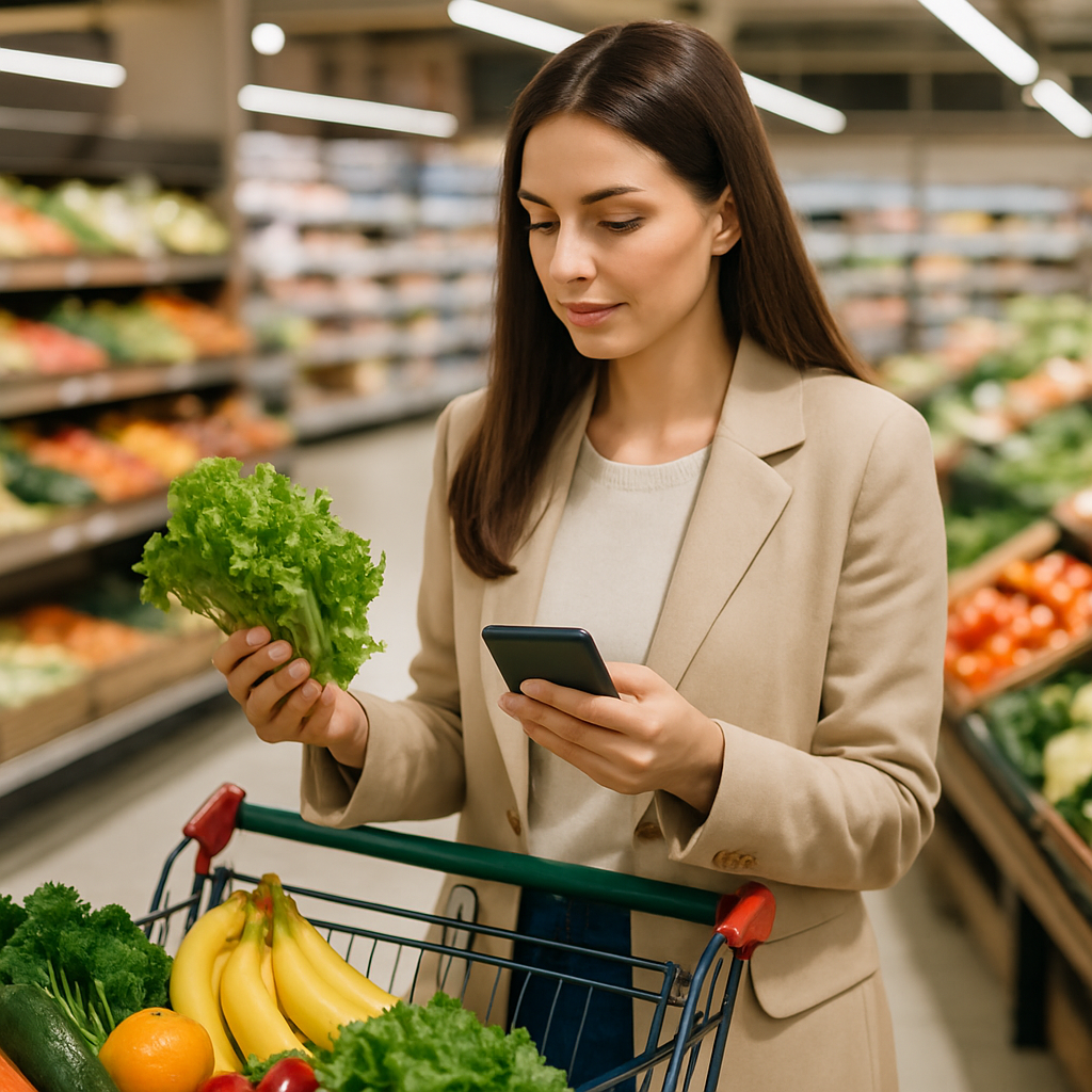 Cena de uma mulher em um supermercado, olhando uma lista de compras em seu celular e escolhendo alimentos frescos.