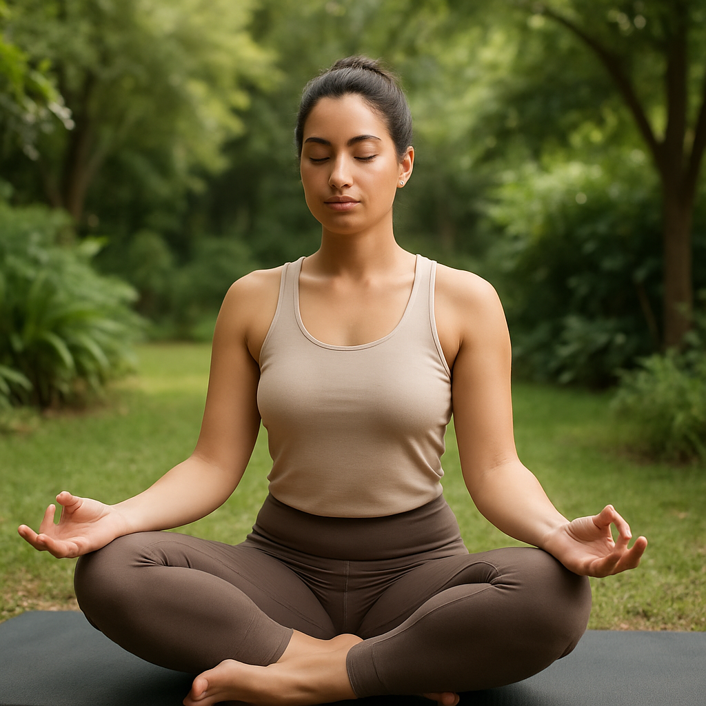 Pessoa em um ambiente tranquilo e verde, praticando ioga em um tapete, com expressão serena e concentrada.