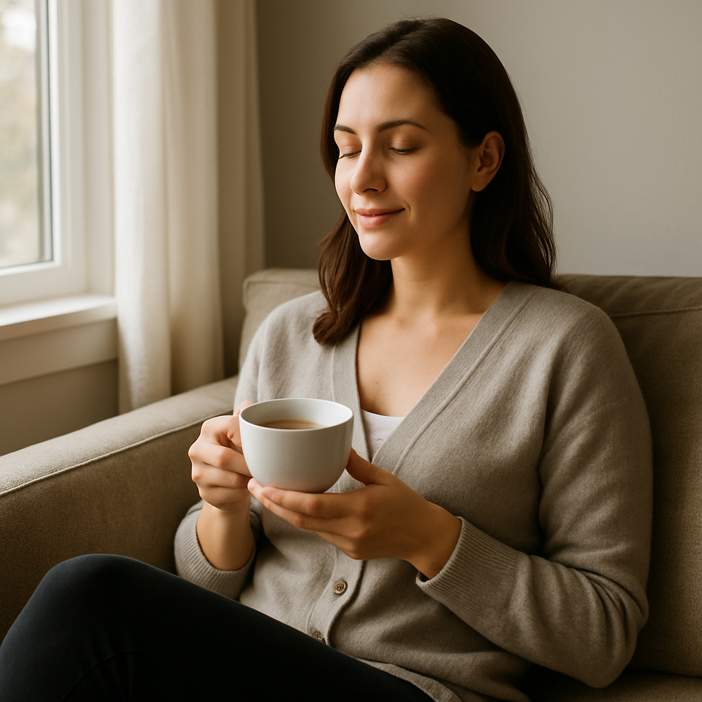 Mulher sentada confortavelmente em um sofá, tomando chá, ao lado de uma janela com luz natural suave, transmitindo relaxamento.