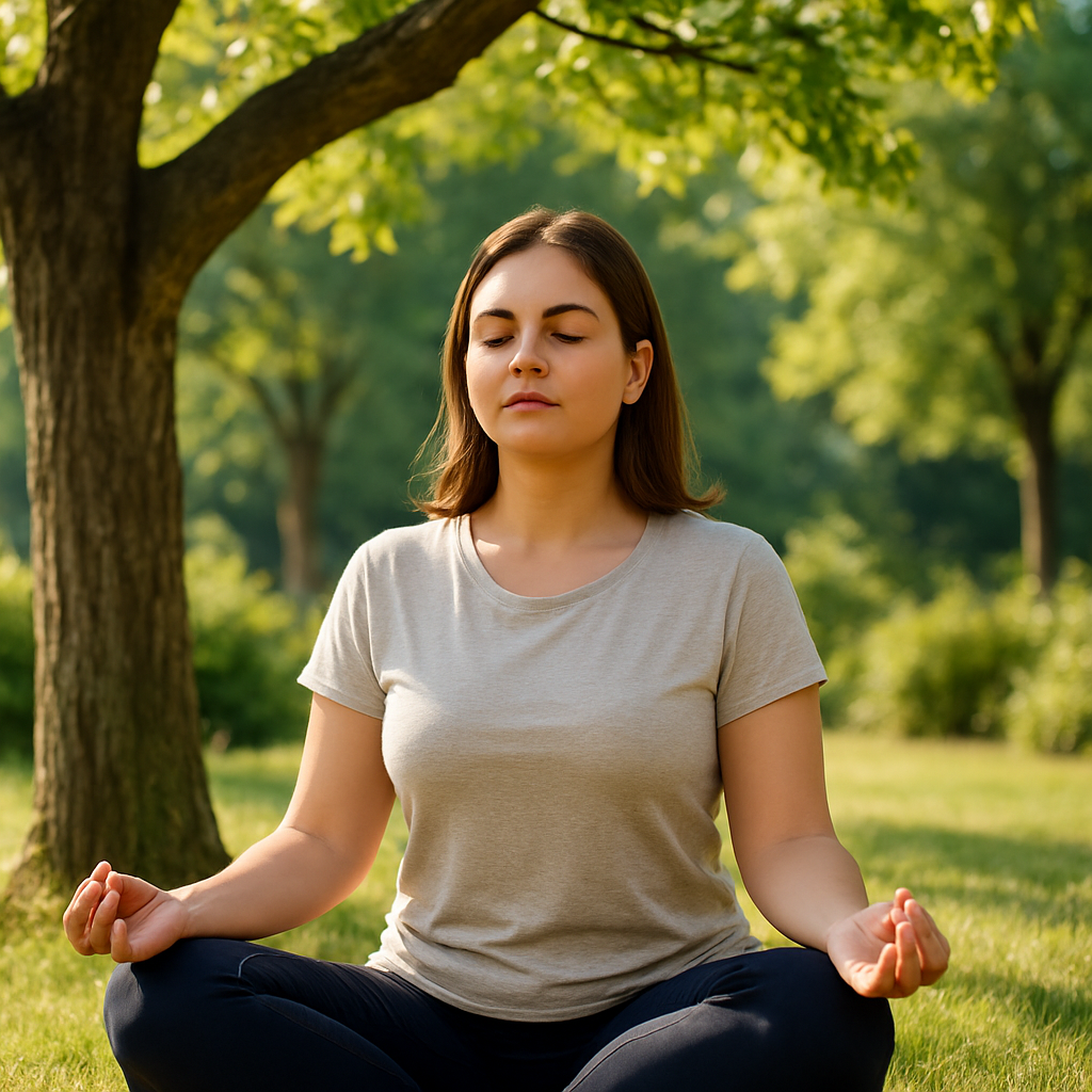 Mulher sentada ao ar livre em um jardim, olhos fechados, praticando mindfulness sob uma árvore em um dia ensolarado, transmitindo calma e concentração.