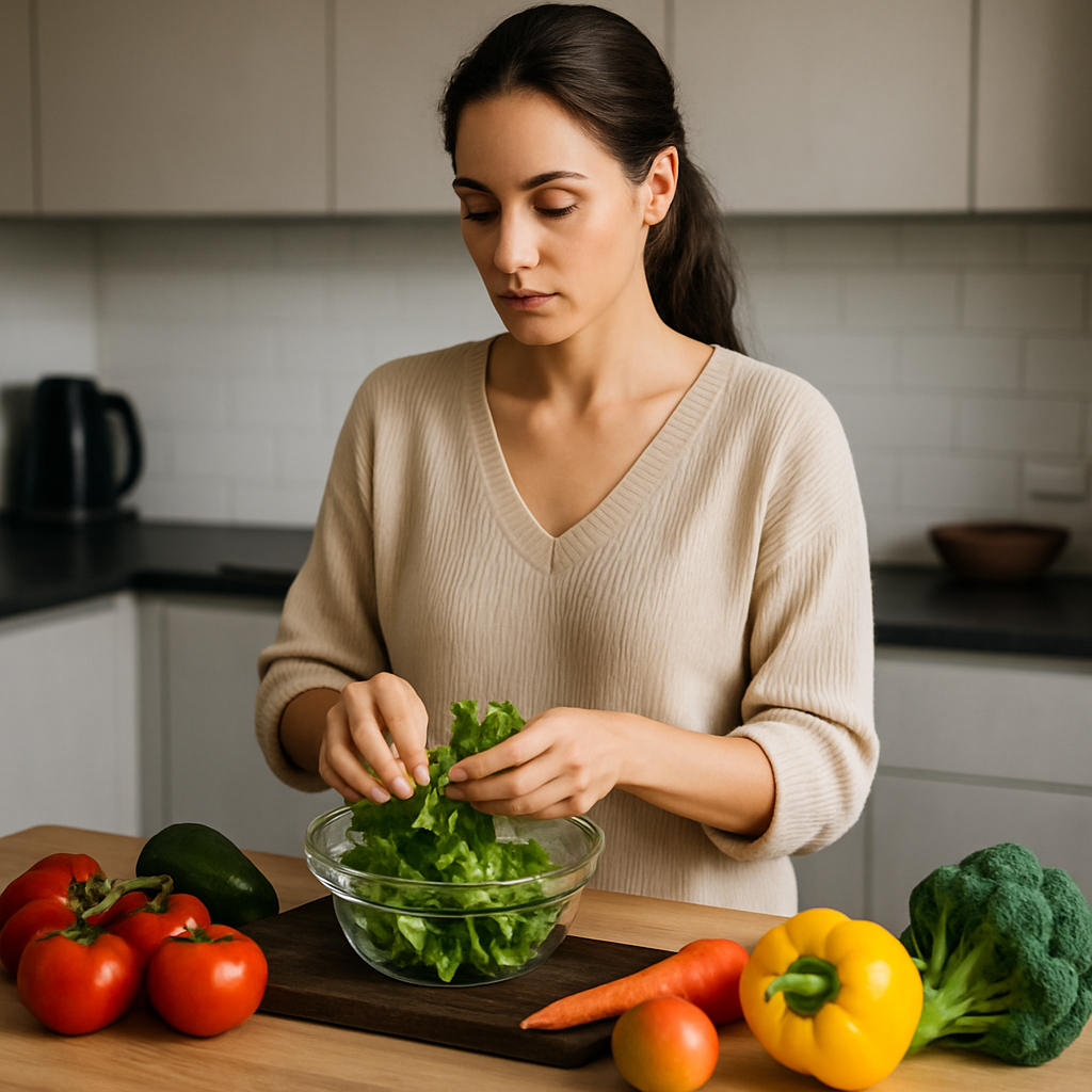 Mulher em uma cozinha moderna, separando alimentos frescos e coloridos com um olhar atento e focado, mostrando atenção plena na preparação do alimento.