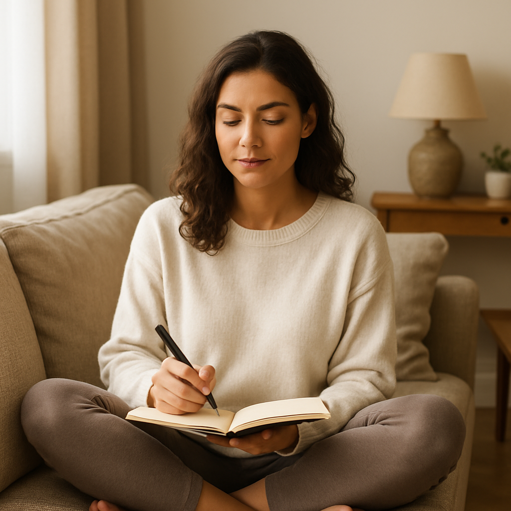 Mulher em uma sala de estar aconchegante, sentada com as pernas cruzadas, escrevendo em um diário com expressão tranquila, representando reflexão e planejamento.