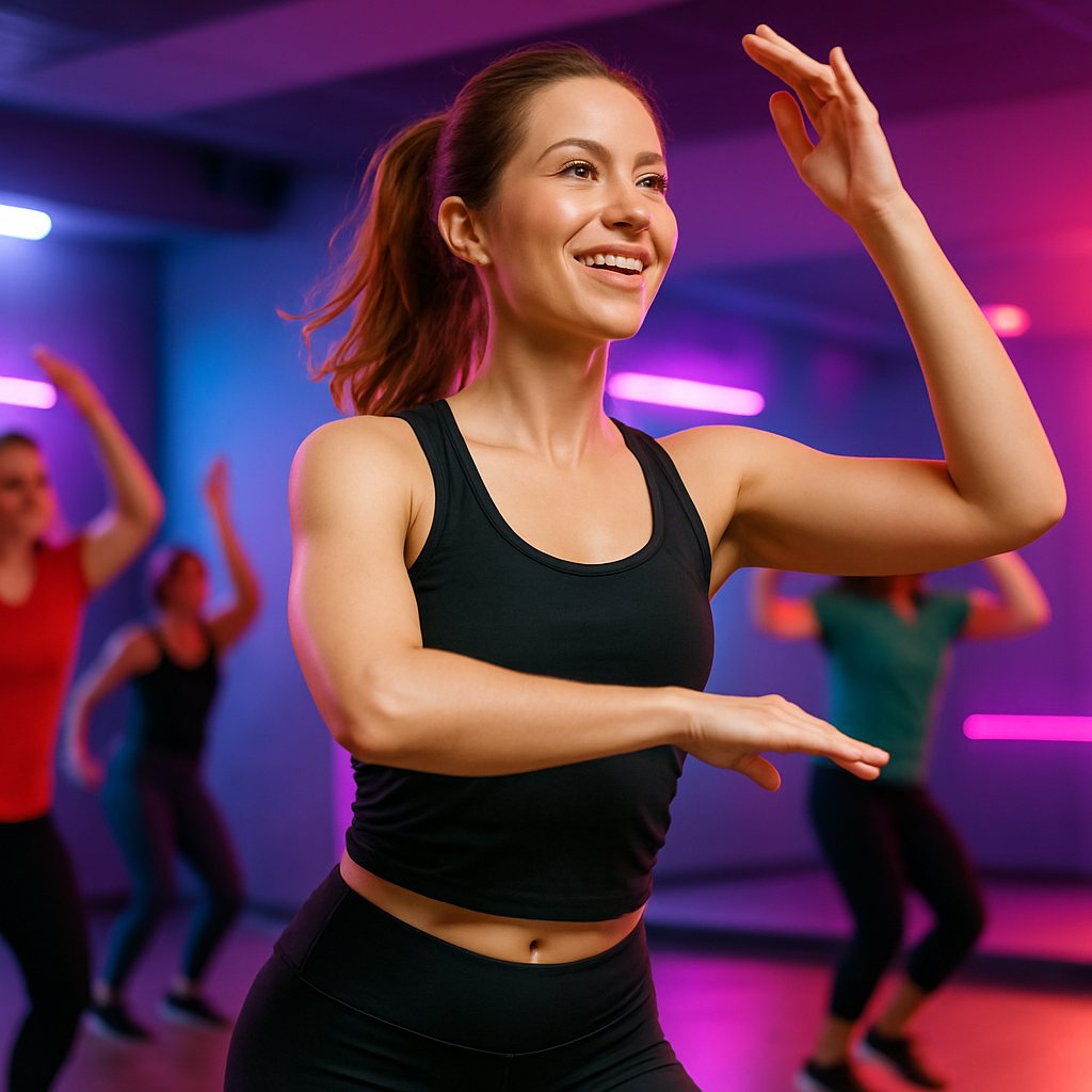 Mulher experimentando uma nova aula de dança em estúdio, com luzes coloridas e atmosfera animada.