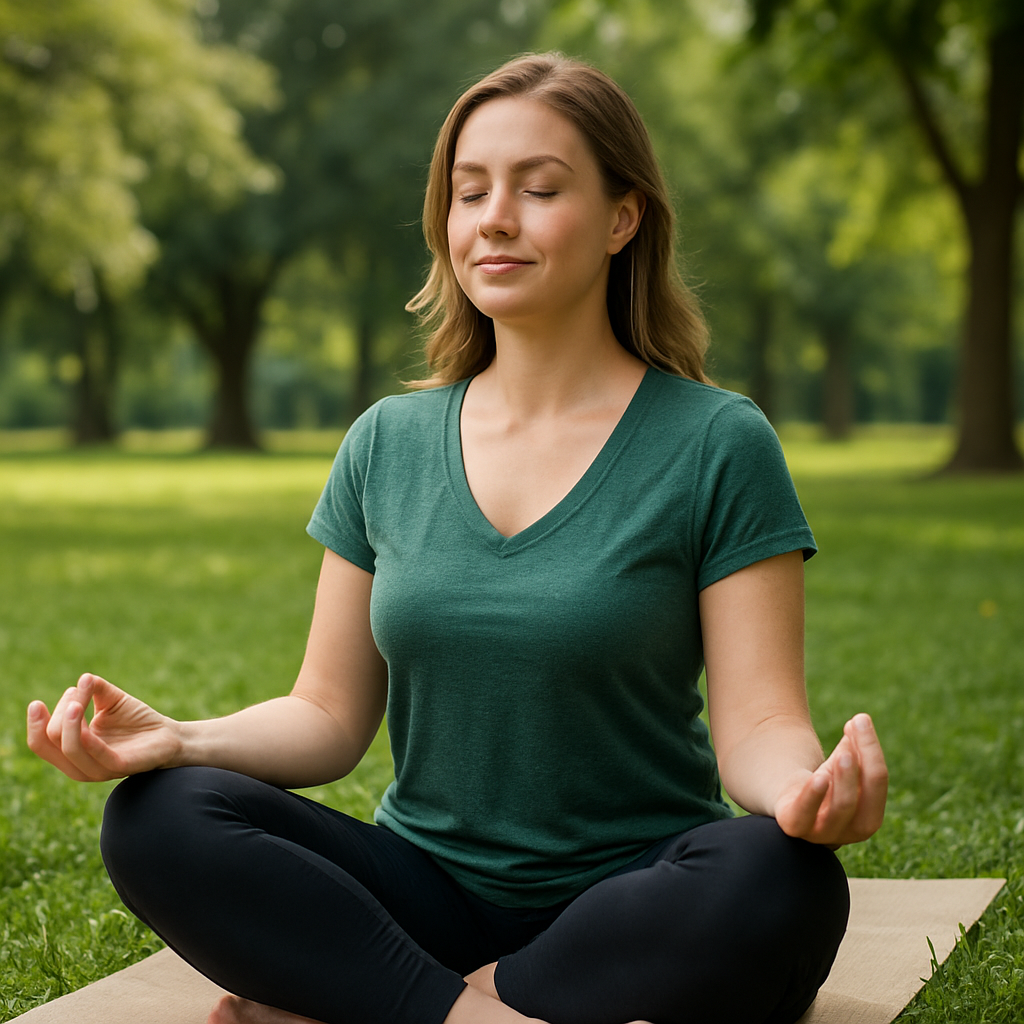 Mulher praticando ioga no parque, expressão de tranquilidade, aproveitando o momento de relaxamento.