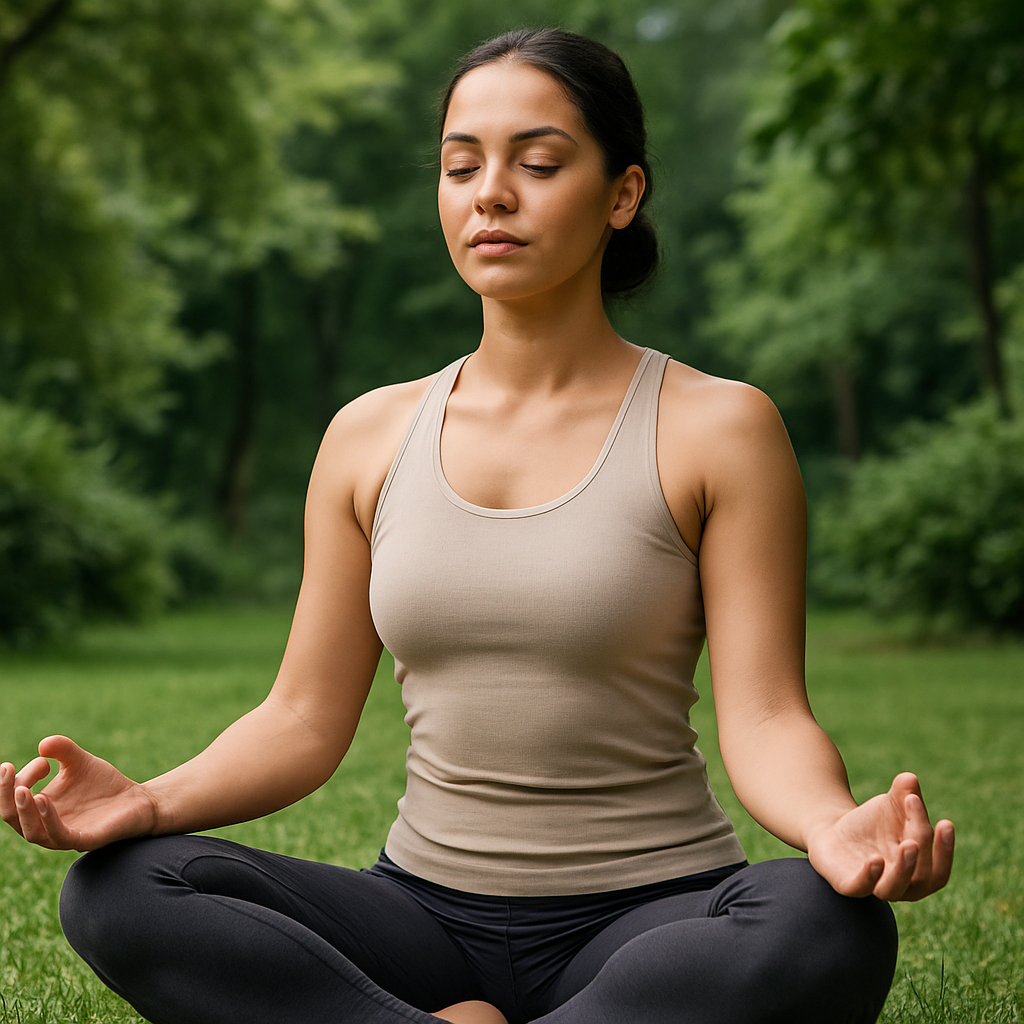 Mulher praticando yoga em um parque, cercada por vegetação, expressão de calma e foco.