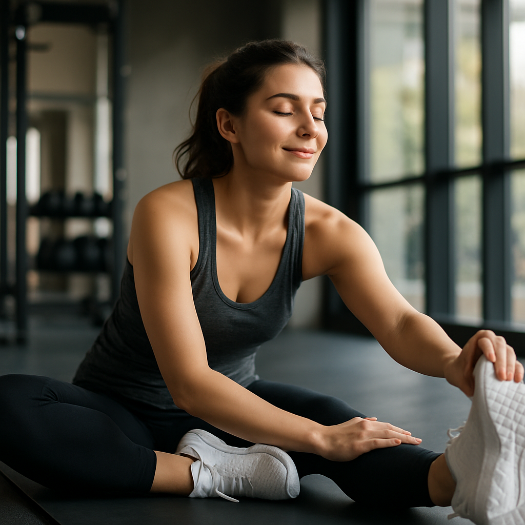 Mulher fazendo alongamento pós-treino em uma sala de academia, expressão de relaxamento e satisfação.